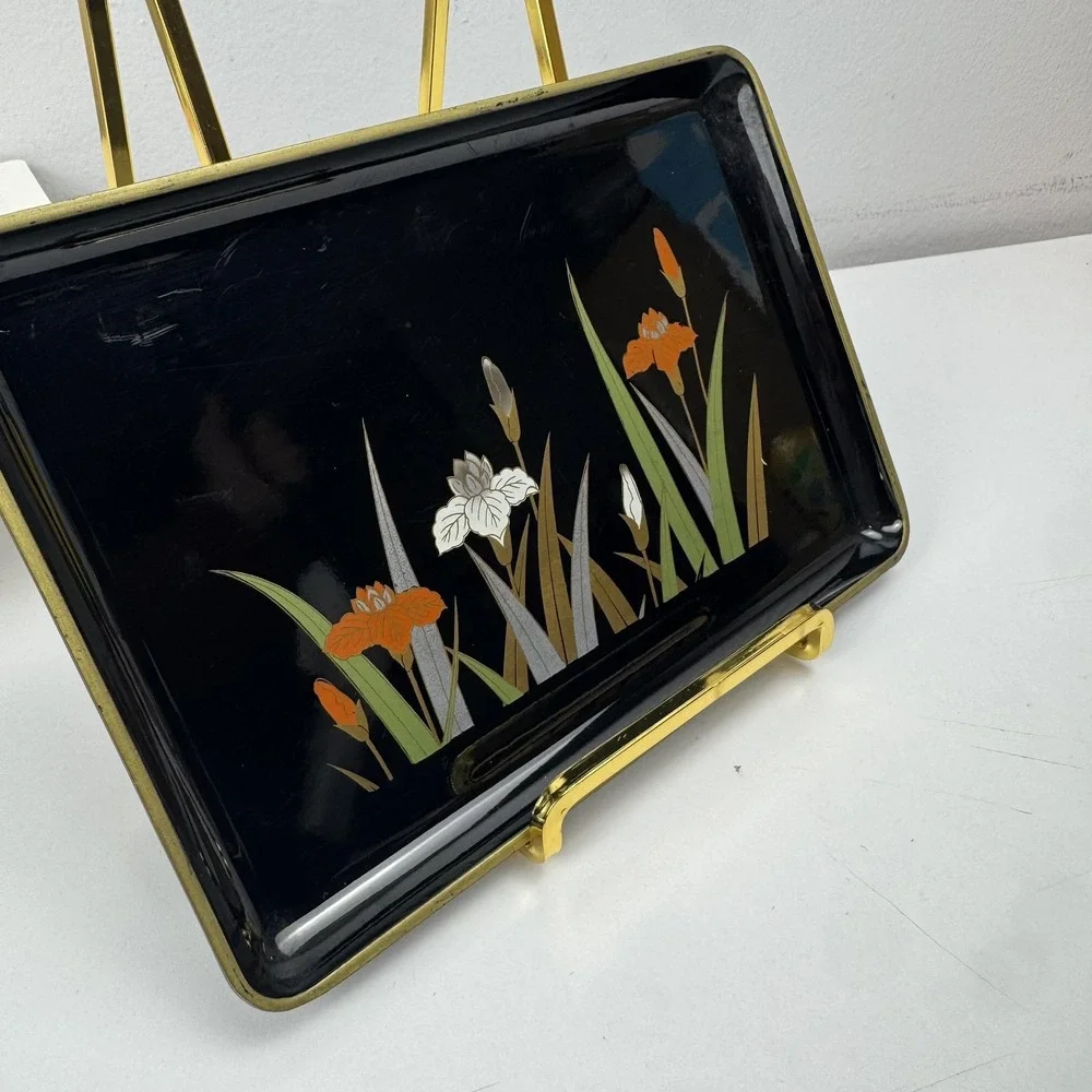 VVtg Otagiri Japan Black Lacquer Tray Iris Floral Gold MCM Serving‎ Trayr